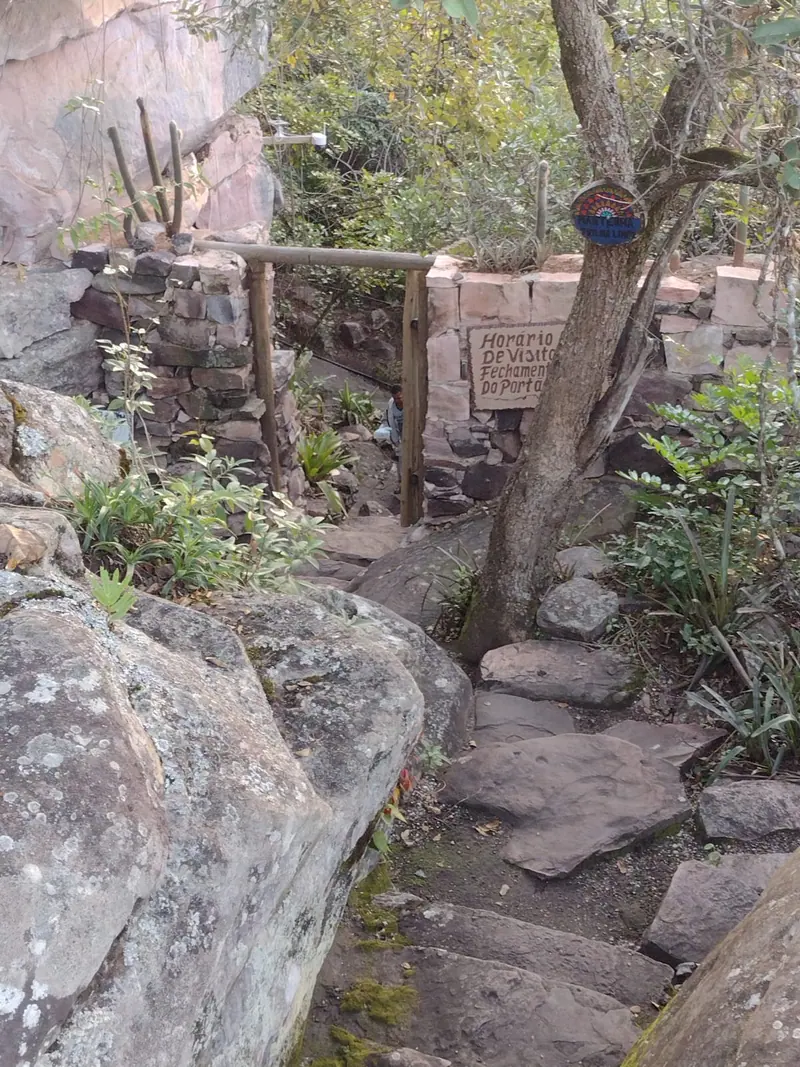 Degraus de pedra e corrimão de madeira em trilha de acesso a mirante na Chapada Diamantina